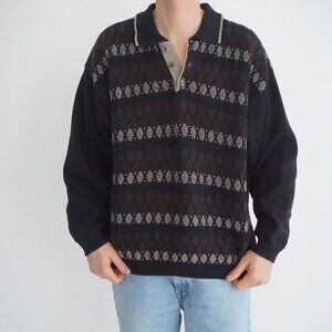 Vintage Casa Moda Black Geometric Knit Button Placket Collared Sweater XL